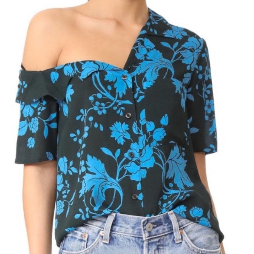 ALC 100% Silk Josephine Blue Floral Print Short Sleeve Top Size 2 Off Shoulder